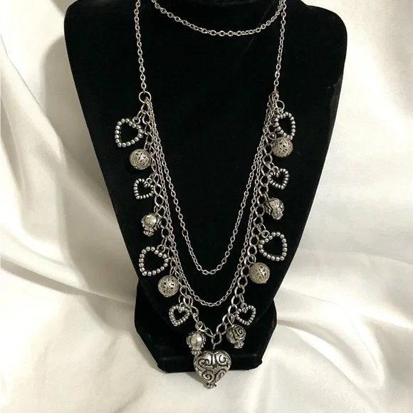 SilverTone Acrylic Heart Charms Necklace - Picture 1 of 5